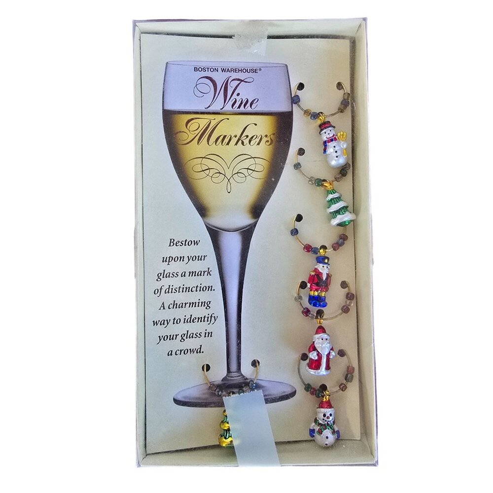 Boston Warehouse Holiday Wine Markers Set With Festive Figures Set of 6 NOS